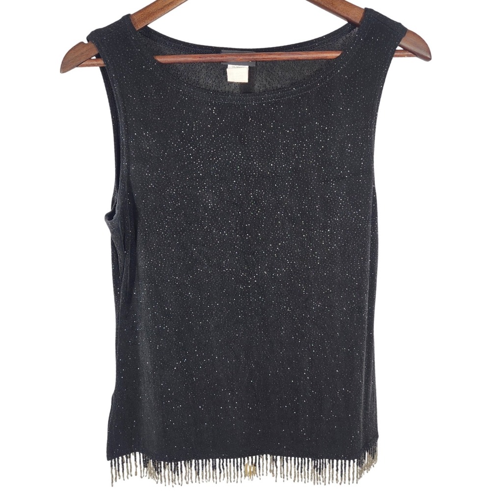 MSK USA Sleeveless Black Sparkle Stretch Knit Top with Beaded Fringe at Hem M